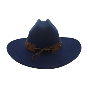 Close-up of dark blue wool felt cowboy hat with brown leather studded decorative band