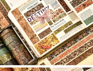Detail of vintage floral and landscape washi tape rolls applied to a journal spread