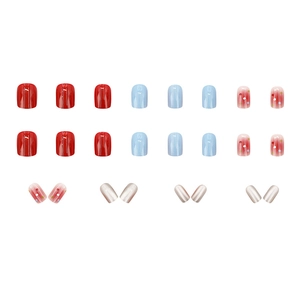 Short square colorful mixed glossy press-on nails set with red, blue and dot designs