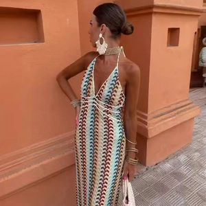 Bohemian V-neck crochet halter maxi dress with multi-color striped knit pattern