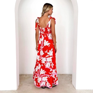 Floral print A-line maxi dress for women with backless design and thin straps in red color
