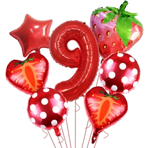 7-piece strawberry party balloon set with red number 9 and foil fruit decorations