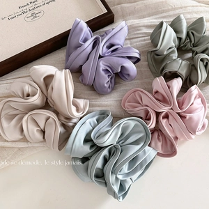 Large Satin Fabric Scrunchies Wood Ear Edge Elastic Hair Ties French Vintage Solid Color Ponytail Holder For Women