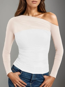 Women's chic one-shoulder long sleeve top featuring pink mesh splicing and ruched details