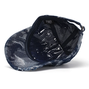 Distressed dark blue wash denim baseball cap with adjustable metal buckle strap