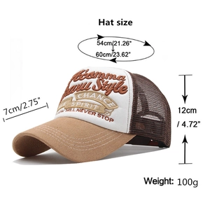 Brown and cream trucker hat with 3D embroidery and mesh back including size measurements