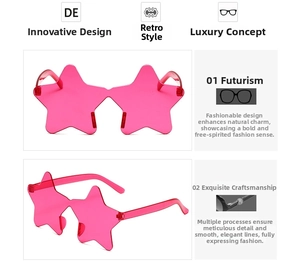 Detail view of pink star-shaped rimless sunglasses featuring seamless PC material design
