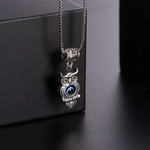 Detail view of owl pendant with blue evil eye on silver box chain against black box
