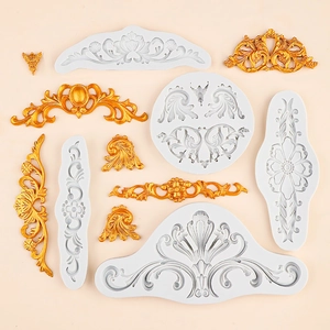 Set of European vintage embossed floral silicone fondant molds with golden clay patterns