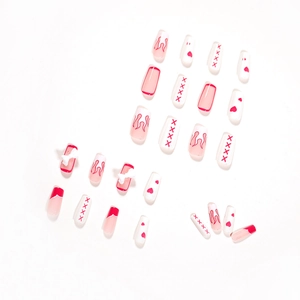 Faux ongles à presser avec flammes roses et nœuds blancs en forme de trapèze long