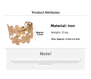 Detailed view of large gold-plated metal flower cuff bracelet with dimensions and weight
