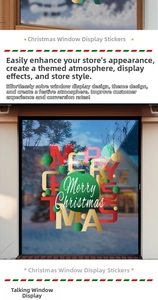 Detail of Merry Christmas window stickers with festive red and gold ornaments and stars
