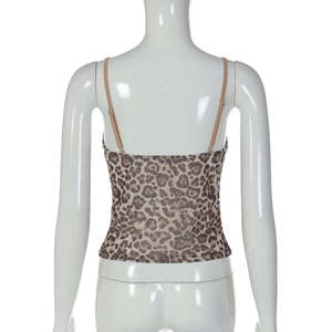 Detail view of the low-back leopard print camisole with adjustable straps on a mannequin