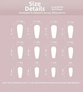 Size chart for long coffin press-on nails with 12 dimensions for various finger sizes