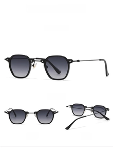 Three-view layout of black polygonal sunglasses featuring metal temples and rivet details