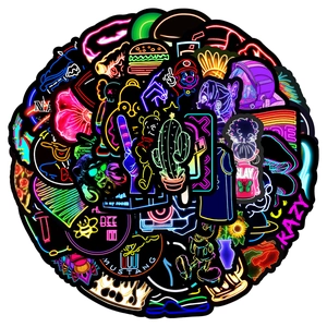 Detailed close-up of vibrant neon graffiti stickers with assorted waterproof designs
