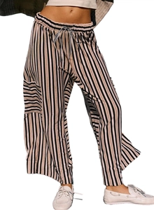 Relaxed fit vertical striped trousers in black and beige with drawstring waist
