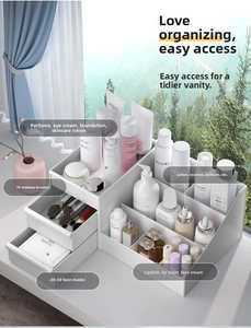 White tiered desktop makeup organizer with drawers for brushes and skincare storage