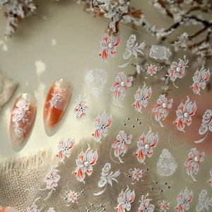 5D embossed floral nail stickers with white lace and orange flowers with pearls