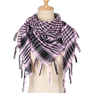Pink and black tactical shemagh scarf with tassels displayed on a mannequin