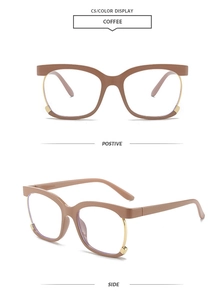 Detail view of coffee-colored semi-rimless frames with gold metallic accents and accents