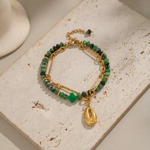 Double-layer gold stainless steel bracelet with natural green beads and clover charms
