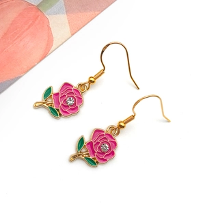 Detail of S925 silver hooks on pink rose earrings with sparkling small rhinestones