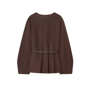 Elegant dark brown long sleeve knitted top with a waist tie belt and crew neckline