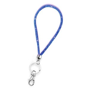 Cordino con strass blu scintillanti con anello in metallo argento e chiusura a moschettone