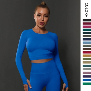 Haut de Sport Court Sans Couture T-Shirt de Yoga Manches Longues pour Femmes Haute Élasticité Respirant Fitness Gym