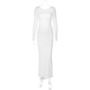 Detail of white long-sleeved slimming maxi dress with elegant backless pleated design