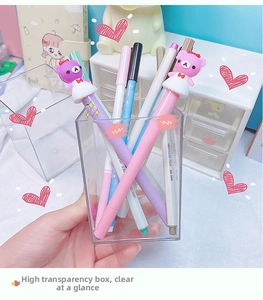 Close-up of clear acrylic desk organizer holder for stationery and pens