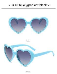 Detail view of heart-shaped sunglasses in light blue with gradient black lenses