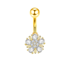 Detail of a gold floral belly ring featuring five pear-cut zircons in a flower shape