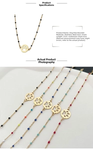 Detailed specs of stainless steel dog paw bracelet with colorful beads and extension chain