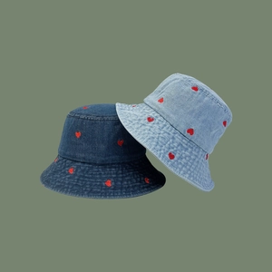 Heart Embroidery Denim Bucket Hat Vintage Sun Protection Outdoor Summer Retro Fresh Sweet Style Accessory For Women