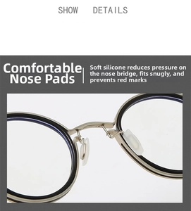 Detailed close-up of comfortable silicone nose pads on vintage round black and gold frames