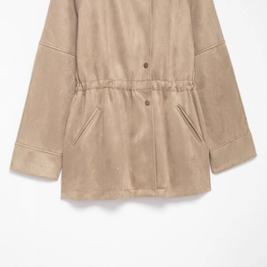 Women's camel faux suede jacket with adjustable drawstring waist and snap buttons