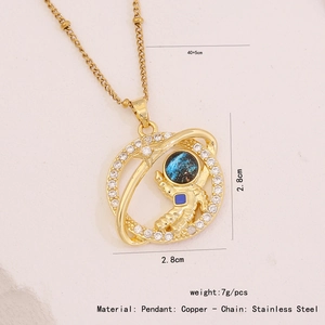 Detailed view showing dimensions and material of the astronaut planet pendant necklace
