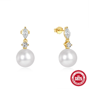 Eleganti Orecchini a Bottone in Argento Sterling 925 Con Künstliche Perle e Zirconia Vintage Francese Gioielli Placcati in Oro
