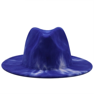 Detailed texture of blue and white tie-dye wool fedora hat with a flat wide brim