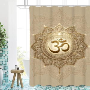 Detailed view of bohemian mandala shower curtain with golden Om symbol and lotus pattern