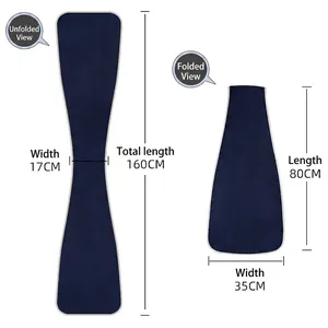 Waterproof adult bib size chart in navy blue showing flat and folded dimensions