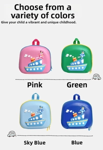Detailed grid view of cartoon ship-shaped kids backpacks in pink, green, and blue colors