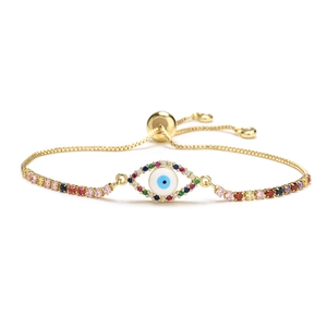 Bracelet œil maléfique plaqué or 18 carats avec zircons colorés et fermoir réglable