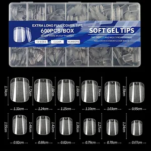 Size chart showing width and length for 12 sizes of soft gel matte coffin nail tips