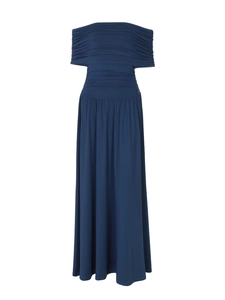 Elegantes marineblaues schulterfreies Maxikleid mit Falten und ausgestelltem Saum