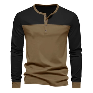 Detail of color-block long sleeve Henley shirt with contrast collar and four-button placket