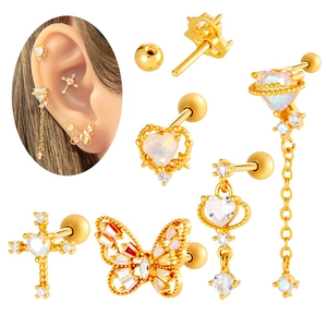Titanium Steel Cartilage Studs Copper Butterfly Heart Cross Zirconia Opal Dainty Piercing Jewelry Screw Back Trendy