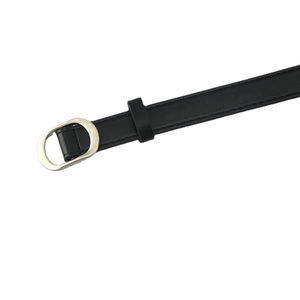 Black faux leather belt with silver oval buckle and stitching detail on white background